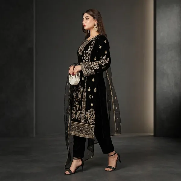 Elegant_Black_Velvet_Embroidered_Kurta_Set