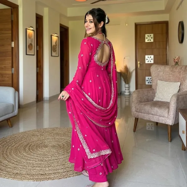 Premium_Faux_Blooming_Kurta_With_Micro_Cotton_Pants_Dupatta_Elegant_Indian_Outfit_Pink