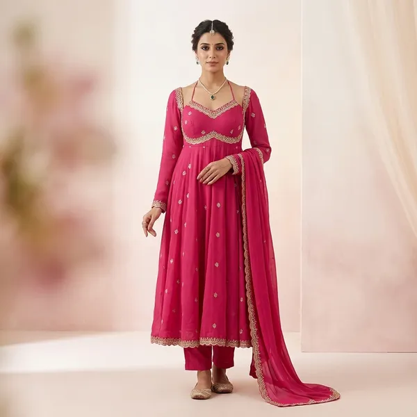 Premium_Faux_Blooming_Kurta_With_Micro_Cotton_Pants_Dupatta_Elegant_Indian_Outfit_Pink