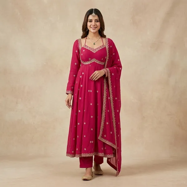 Premium_Faux_Blooming_Kurta_With_Micro_Cotton_Pants_Dupatta_Elegant_Indian_Outfit_Red