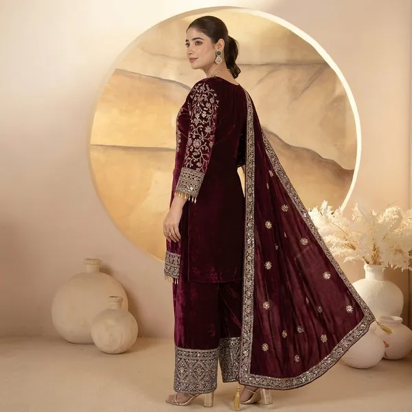 Designer_Heavy_Viscose_Velvet_Embroidery_Sequence_Work_Suit_Set_With_Pant_And_Dupatta_Wine