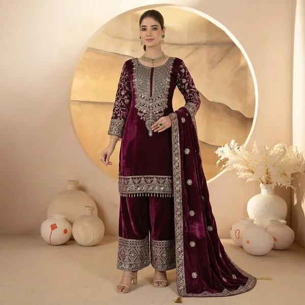 Designer_Heavy_Viscose_Velvet_Embroidery_Sequence_Work_Suit_Set_With_Pant_And_Dupatta_Wine