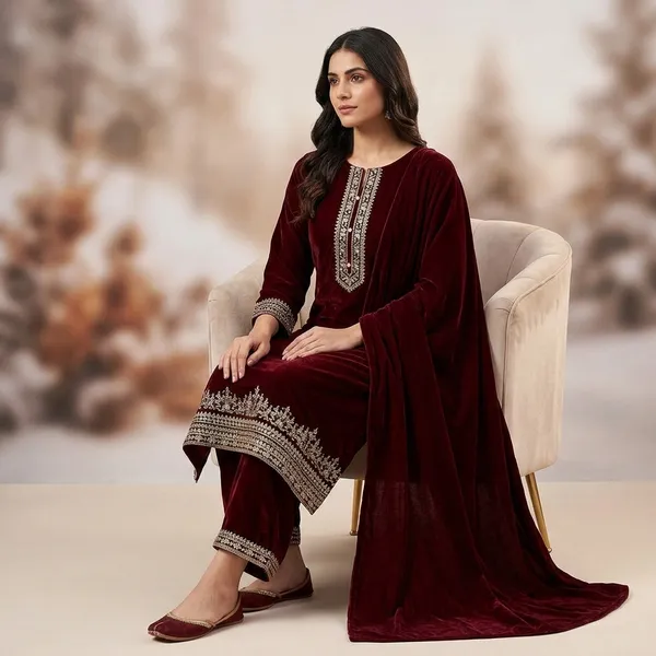 Velvet_Sequence_Embroidery_Work_3_Piece_Winter_Collection_Suit_Set_With_Pant_And_Dupatta_Maroon