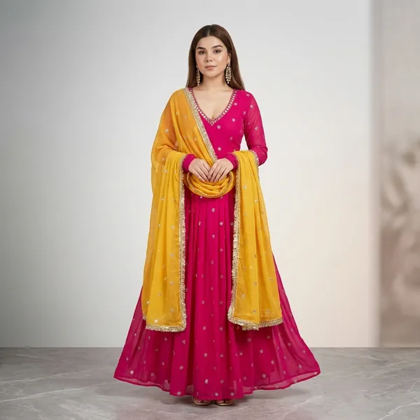Designer_Faux_Georgette_Gown_And_Dupatta_Set_With_Embroidery_Work_Fully_Stitched_Ready_To_Wear