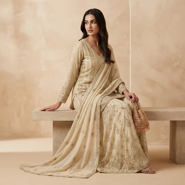 Designer_Faux_Georgette_Top_Palazzo_And_Dupatta_Set_With_Heavy_Embroidery_Sequin_Work_Beige