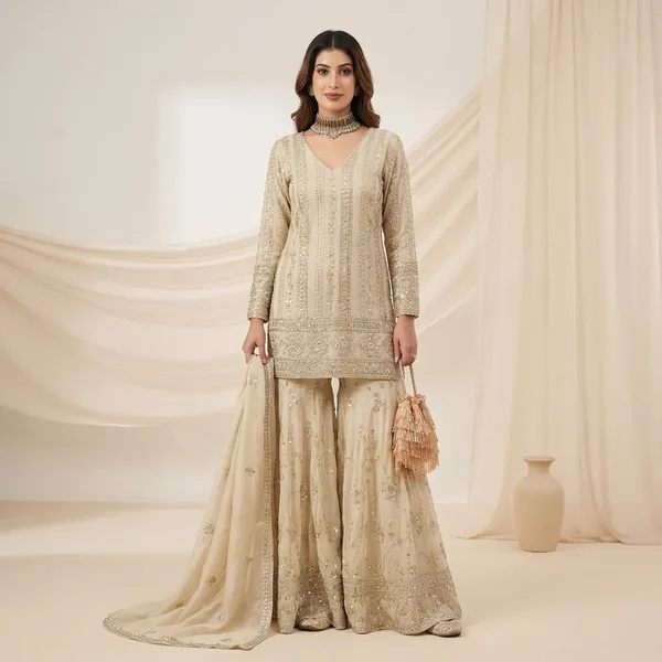 Designer_Faux_Georgette_Top_Palazzo_And_Dupatta_Set_With_Heavy_Embroidery_Sequin_Work_Beige