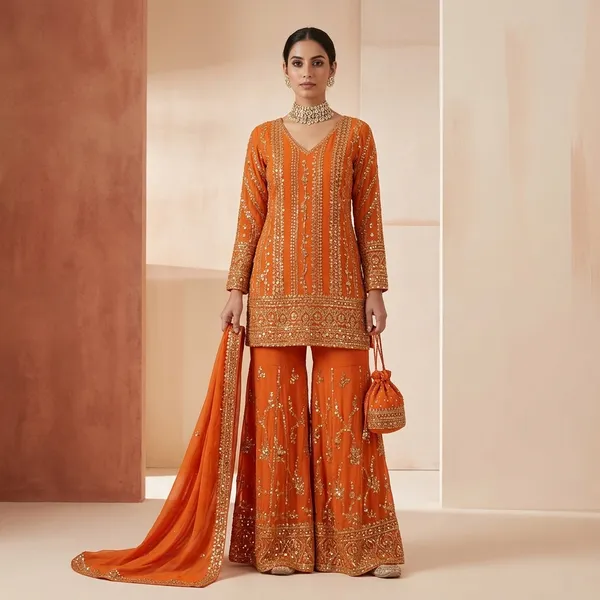 Designer_Faux_Georgette_Top_Palazzo_And_Dupatta_Set_With_Heavy_Embroidery_Sequin_Work_Orange