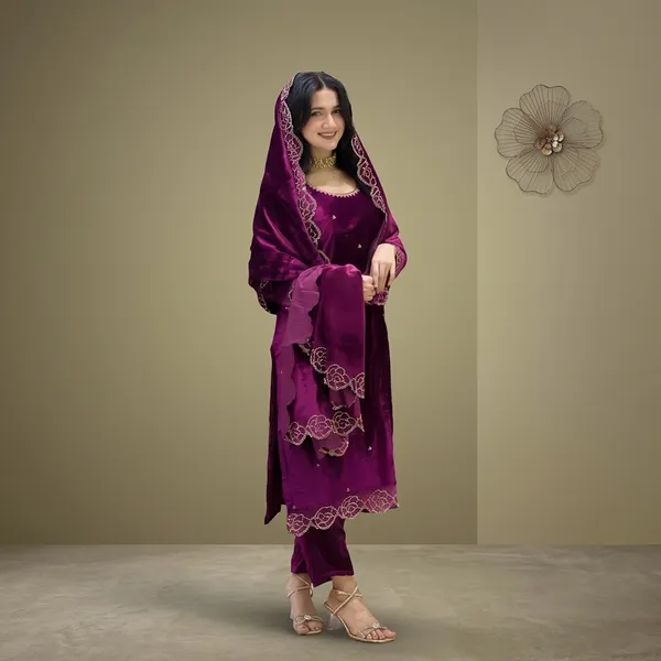 Designer_Party_Wear_Viscose_Velvet_Top_Pant_And_Dupatta_Set_With_Rhinestone_And_Embroidery_Work_Wine