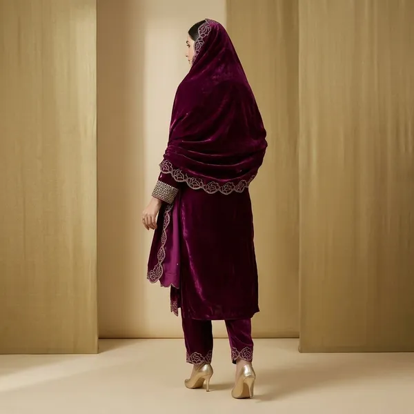 Designer_Party_Wear_Viscose_Velvet_Top_Pant_And_Dupatta_Set_With_Rhinestone_And_Embroidery_Work_Wine