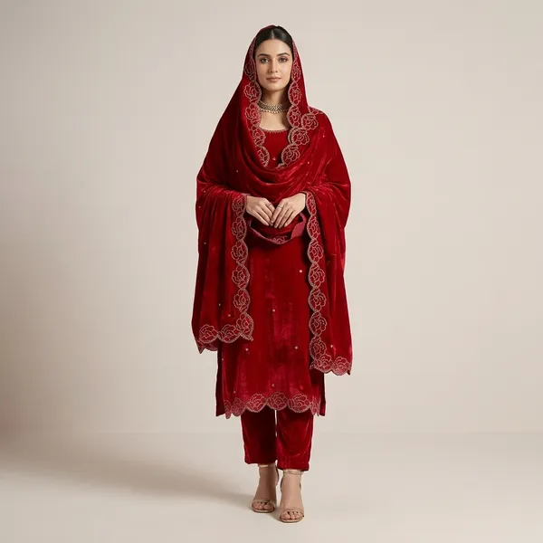 Designer_Party_Wear_Viscose_Velvet_Top_Pant_And_Dupatta_Set_With_Rhinestone_And_Embroidery_Work_Red