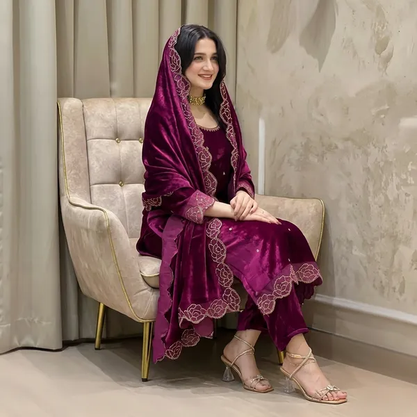 Designer_Party_Wear_Viscose_Velvet_Top_Pant_And_Dupatta_Set_With_Rhinestone_And_Embroidery_Work_Red