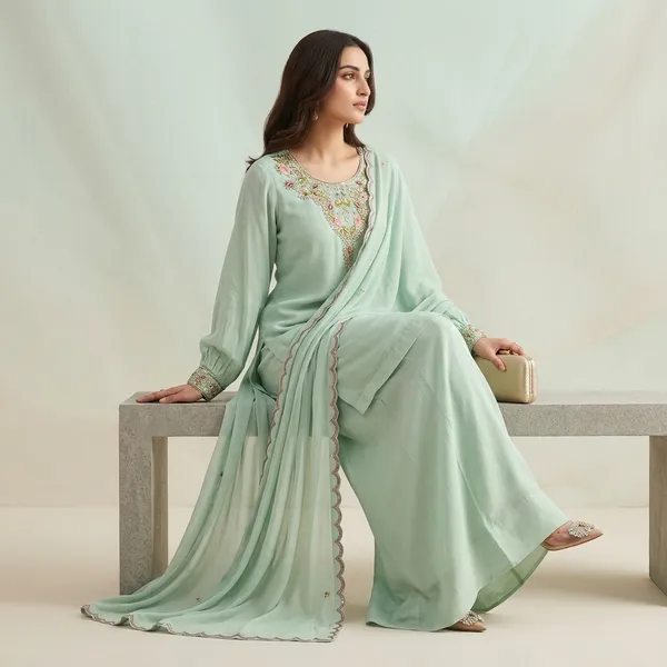 Designer_Faux_Georgette_Top_Sharara_Set_With_Embroidery_Dupatta_Green