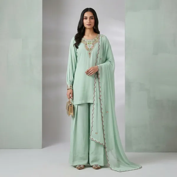 Designer_Faux_Georgette_Top_Sharara_Set_With_Embroidery_Dupatta_Green