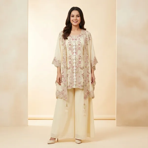 Designer_Kurta_Plazzo_Set_With_Embroidered_Shrug_Orange