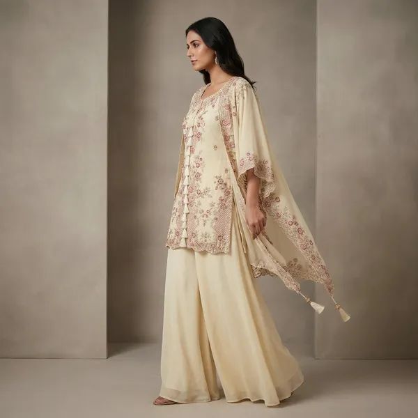 Designer_Kurta_Plazzo_Set_With_Embroidered_Shrug_Orange