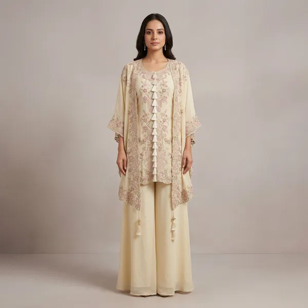 Designer_Kurta_Plazzo_Set_With_Embroidered_Shrug_Beige