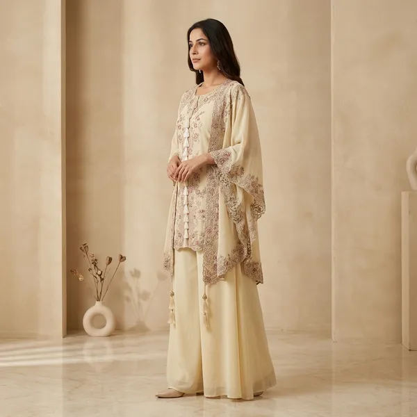 Designer_Kurta_Plazzo_Set_With_Embroidered_Shrug_Beige