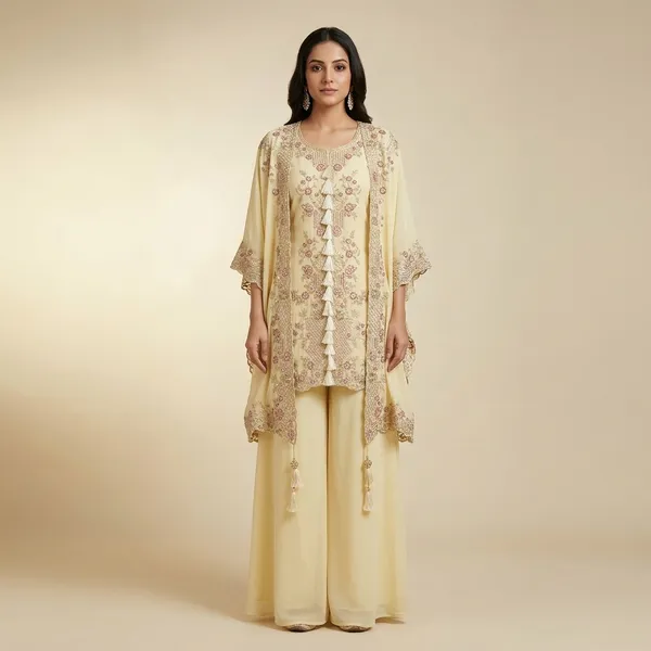 Designer_Kurta_Plazzo_Set_With_Embroidered_Shrug_Gold