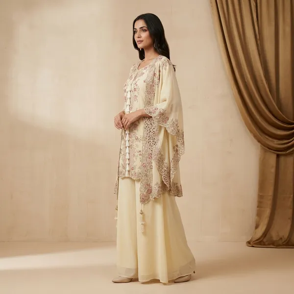 Designer_Kurta_Plazzo_Set_With_Embroidered_Shrug_Gold