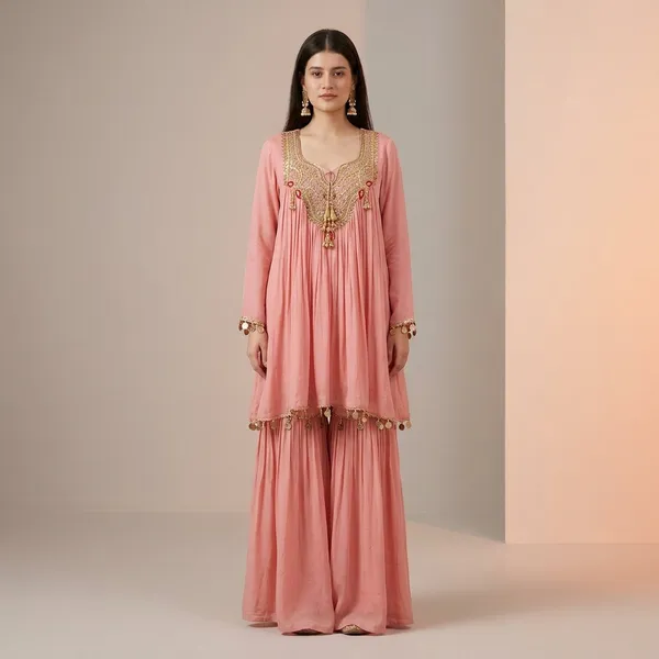 Designer_Chinon_Embroidered_Kurti_Sharara_Set