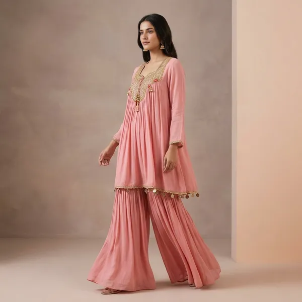 Designer_Chinon_Embroidered_Kurti_Sharara_Set
