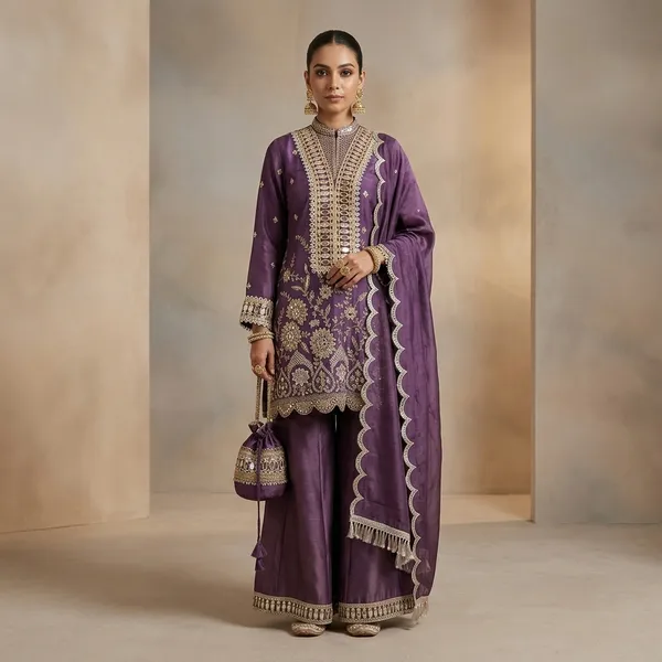Designer_Kurti_Plazzo_Set_With_Real_Mirror_Embroidery_Dupatta_Brown