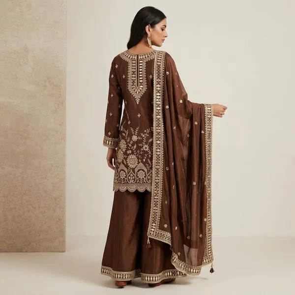 Designer_Kurti_Plazzo_Set_With_Real_Mirror_Embroidery_Dupatta_Brown