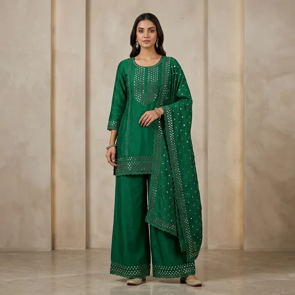 Designer_Party_Wear_Top_Palazzo_Set_With_Mirror_Work_Dupatta_Green