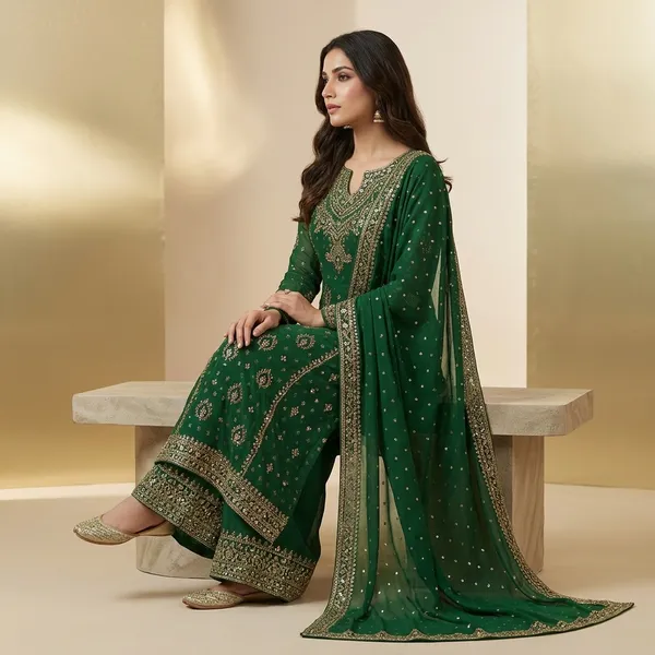 Designer_Kurti_Palazzo_Set_With_Sequins_Zari_Pearl_Embroidery_And_Dupatta_Green