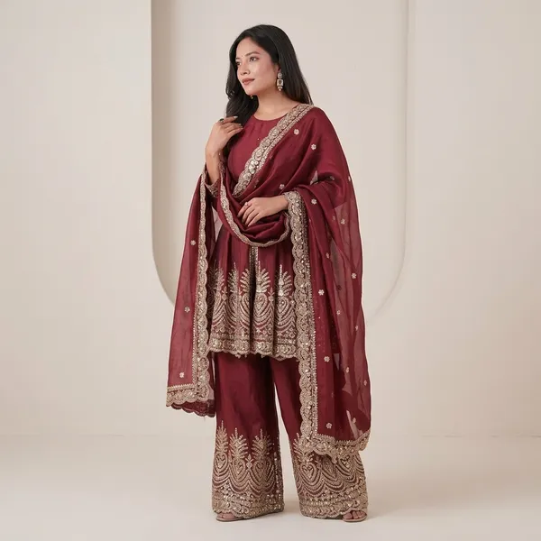 Designer_Two_Tone_Fandy_Silk_Top_Palazzo_Set_With_Embroidery_Dupatta_Maroon
