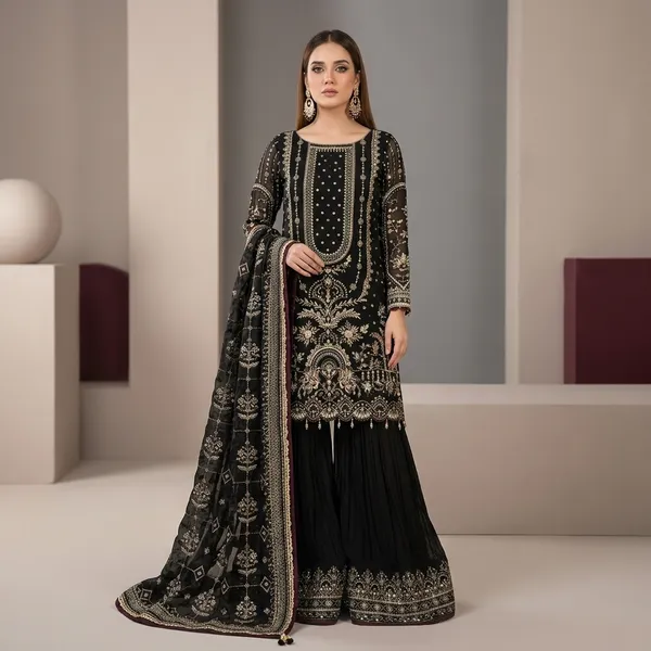 Designer_Faux_Georgette_Embroidered_Top_Palazzo_Dupatta_Set_Maroon