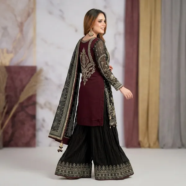 Designer_Faux_Georgette_Embroidered_Top_Palazzo_Dupatta_Set_Maroon