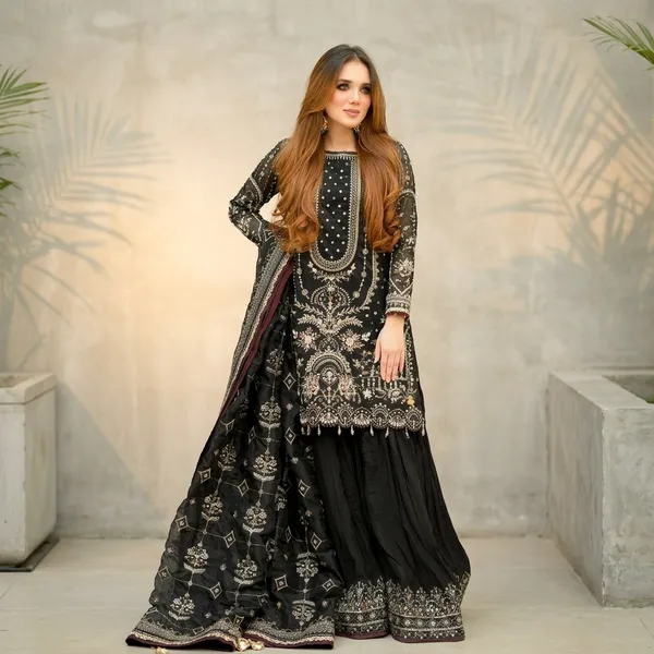 Designer_Faux_Georgette_Embroidered_Top_Palazzo_Dupatta_Set_Black