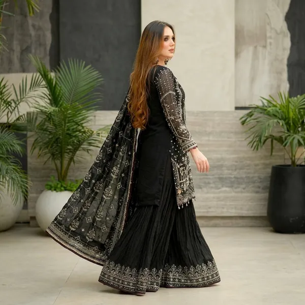 Designer_Faux_Georgette_Embroidered_Top_Palazzo_Dupatta_Set_Black