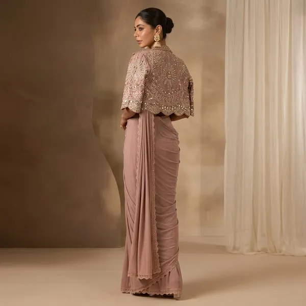 Premium_Ready_To_Wear_Saree_With_Jacket_Koti_And_Blouse_Set_Peach