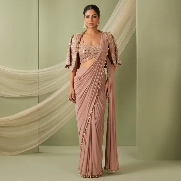 Premium_Ready_To_Wear_Saree_With_Jacket_Koti_And_Blouse_Set_Peach