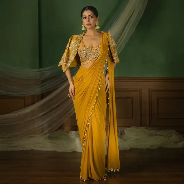 Premium_Ready_To_Wear_Saree_With_Jacket_Koti_And_Blouse_Set_Gold