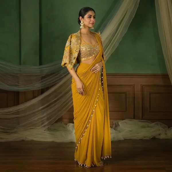 Premium_Ready_To_Wear_Saree_With_Jacket_Koti_And_Blouse_Set_Gold