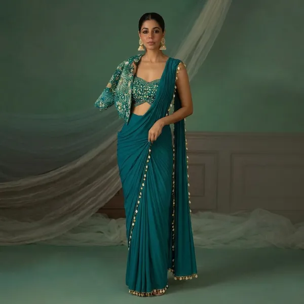 Premium_Ready_To_Wear_Saree_With_Jacket_Koti_And_Blouse_Set_Rama