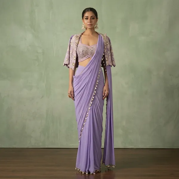 Premium_Ready_To_Wear_Saree_With_Jacket_Koti_And_Blouse_Set_Lavender
