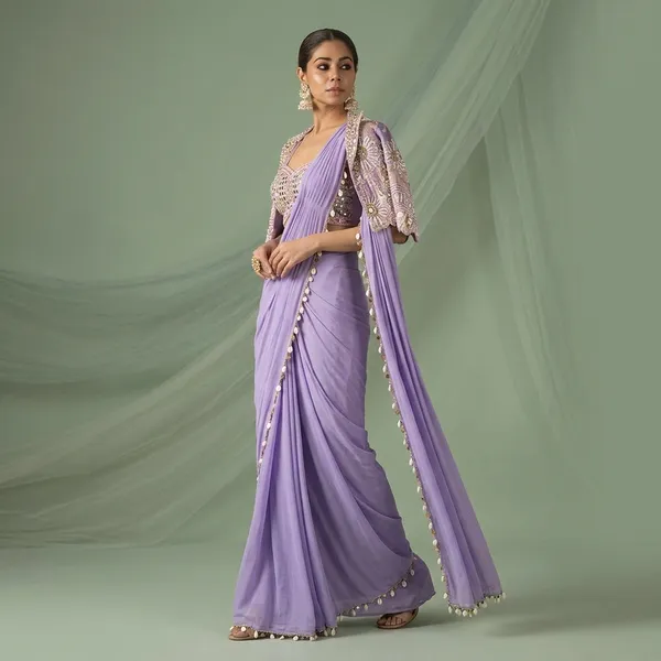 Premium_Ready_To_Wear_Saree_With_Jacket_Koti_And_Blouse_Set_Lavender