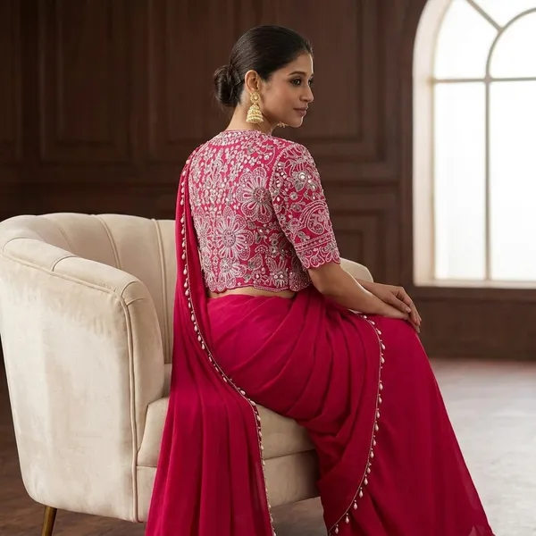 Premium_Ready_To_Wear_Saree_With_Jacket_Koti_And_Blouse_Set_Rani_Pink