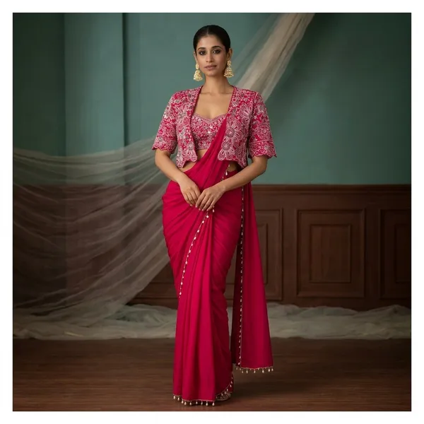 Premium_Ready_To_Wear_Saree_With_Jacket_Koti_And_Blouse_Set_Rani_Pink