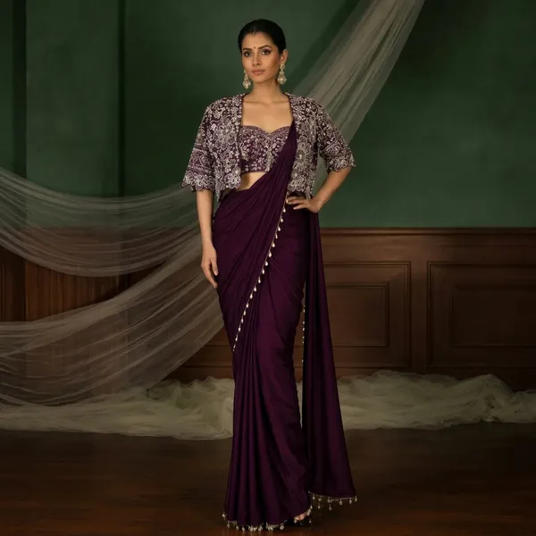 Premium_Ready_To_Wear_Saree_With_Jacket_Koti_And_Blouse_Set_Deep_Wine
