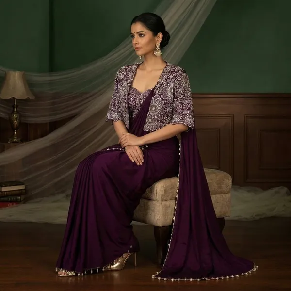 Premium_Ready_To_Wear_Saree_With_Jacket_Koti_And_Blouse_Set_Deep_Wine