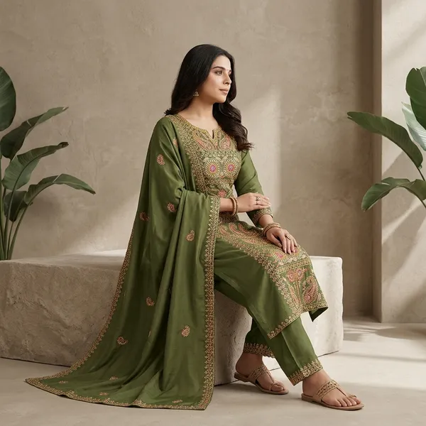 Readymade_Top_Pant_With_Dupatta_Collection_2026_Earthy_Green