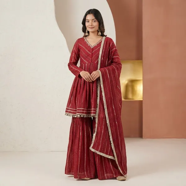 Royal_Mirror_Work_Chanderi_Sharara_Ensemble_Red