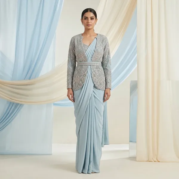 Premium_Designer_Saree_Set_Ready_To_Wear_With_Embroidered_Jacket_Belt_Crepe_Silk_Party_Wear_Powder_Blue