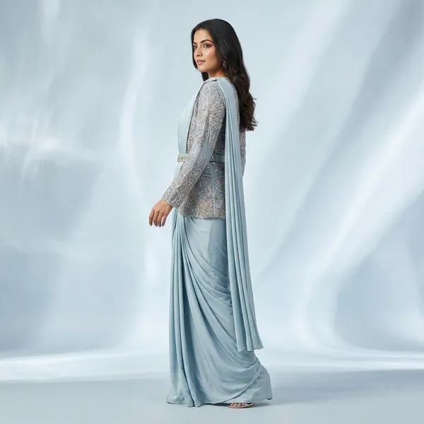 Premium_Designer_Saree_Set_Ready_To_Wear_With_Embroidered_Jacket_Belt_Crepe_Silk_Party_Wear_Powder_Blue