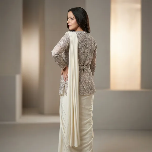 Premium_Designer_Saree_Set_Ready_To_Wear_With_Embroidered_Jacket_Belt_Crepe_Silk_Party_Wear_Silver_Gray